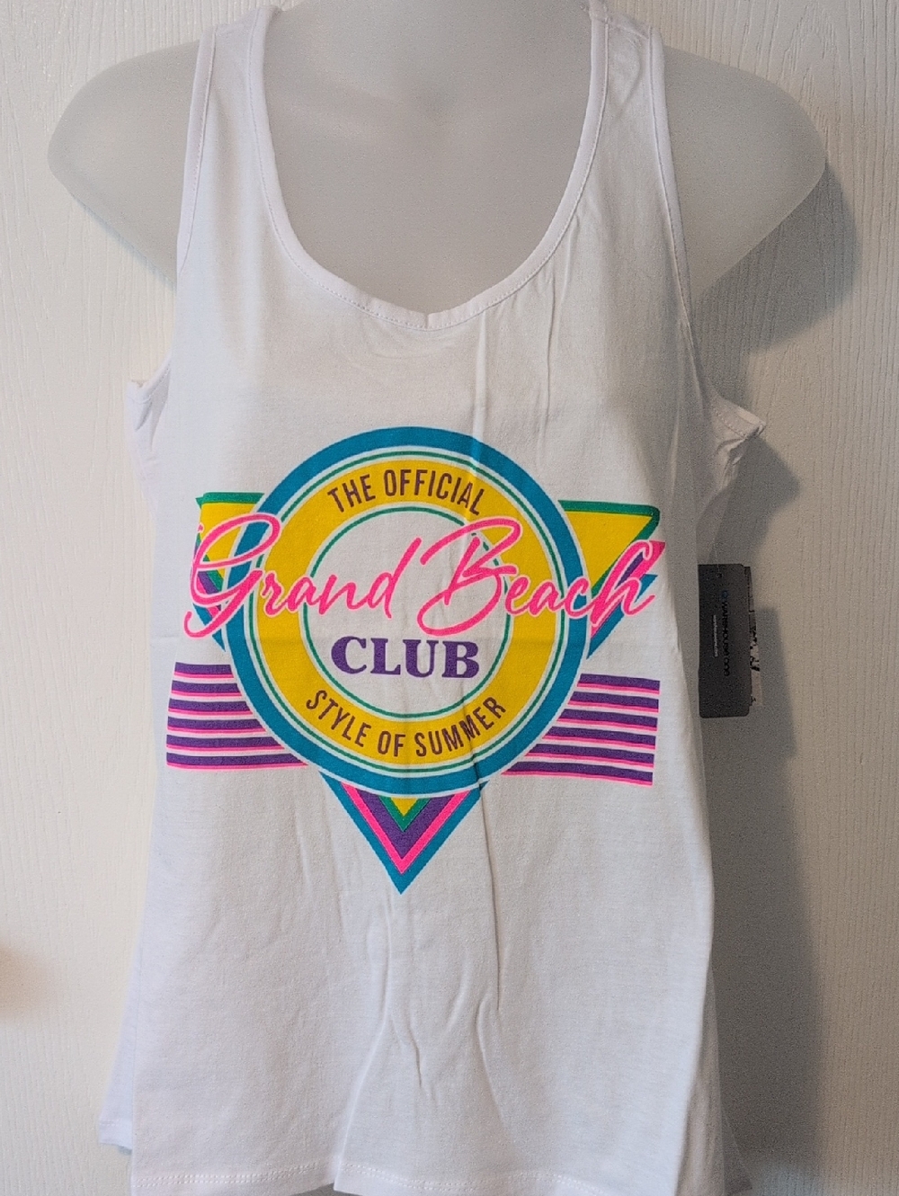 NWT. Ladies Grand Beach Club Graphic Tank Top - White with Neon Logo. Size med.